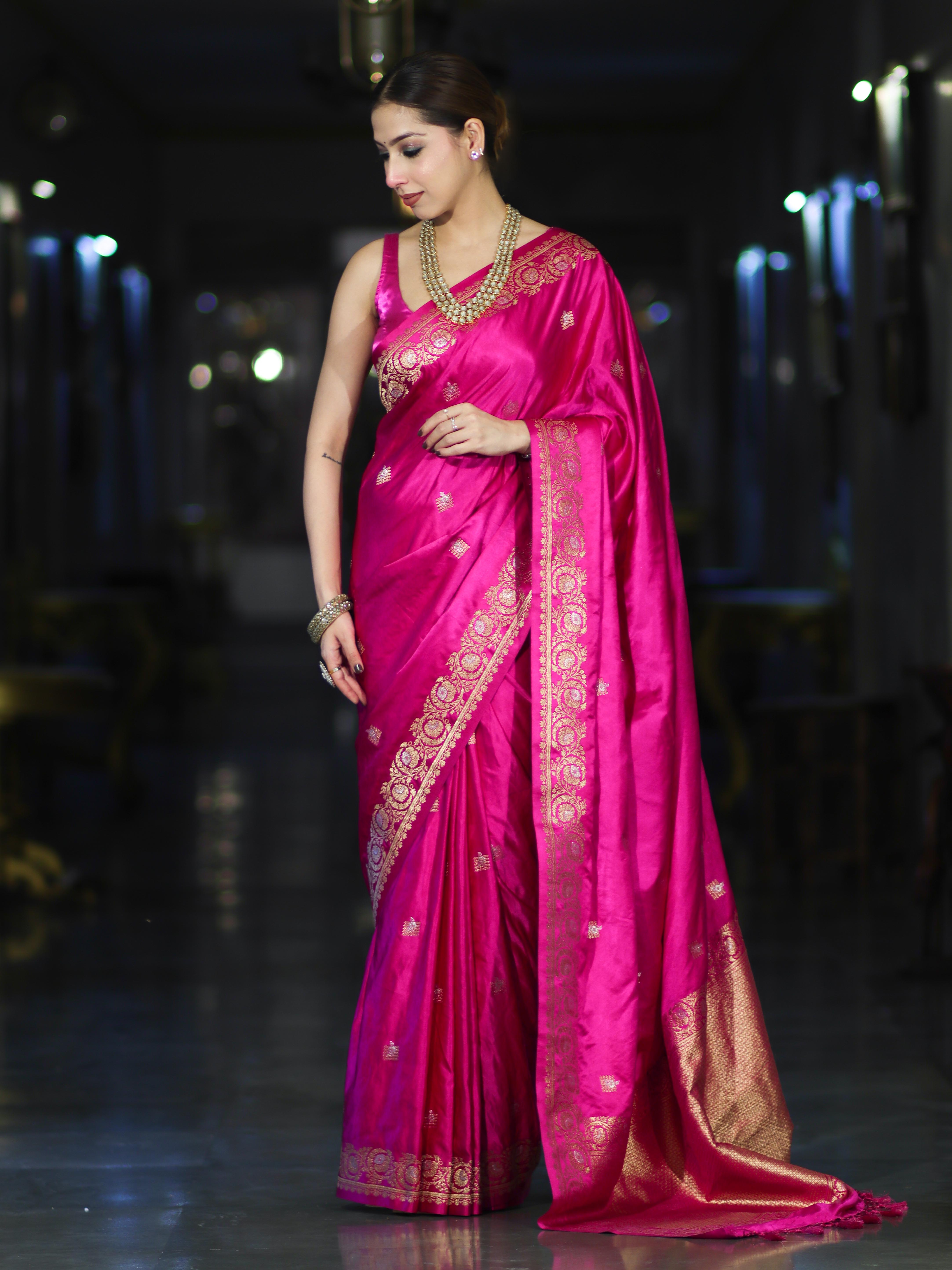 Banarasee Mashru Silk Saree With Zari Motifs & Floral Border-Fuchsia Pink