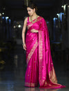 Banarasee Mashru Silk Saree With Zari Motifs & Floral Border-Fuchsia Pink