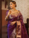 Banarasee Handwoven Plain Tissue Saree With Zari Border & Lace-Violet