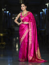 Banarasee Mashru Silk Saree With Zari Motifs & Floral Border-Fuchsia Pink