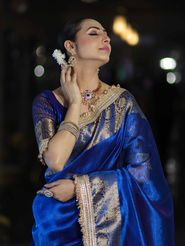 Banarasee Handloom Dual Shaded Plain Tissue Saree With Zari Border & Lace-Blue