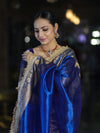 Banarasee Handloom Dual Shaded Plain Tissue Saree With Zari Border & Lace-Blue