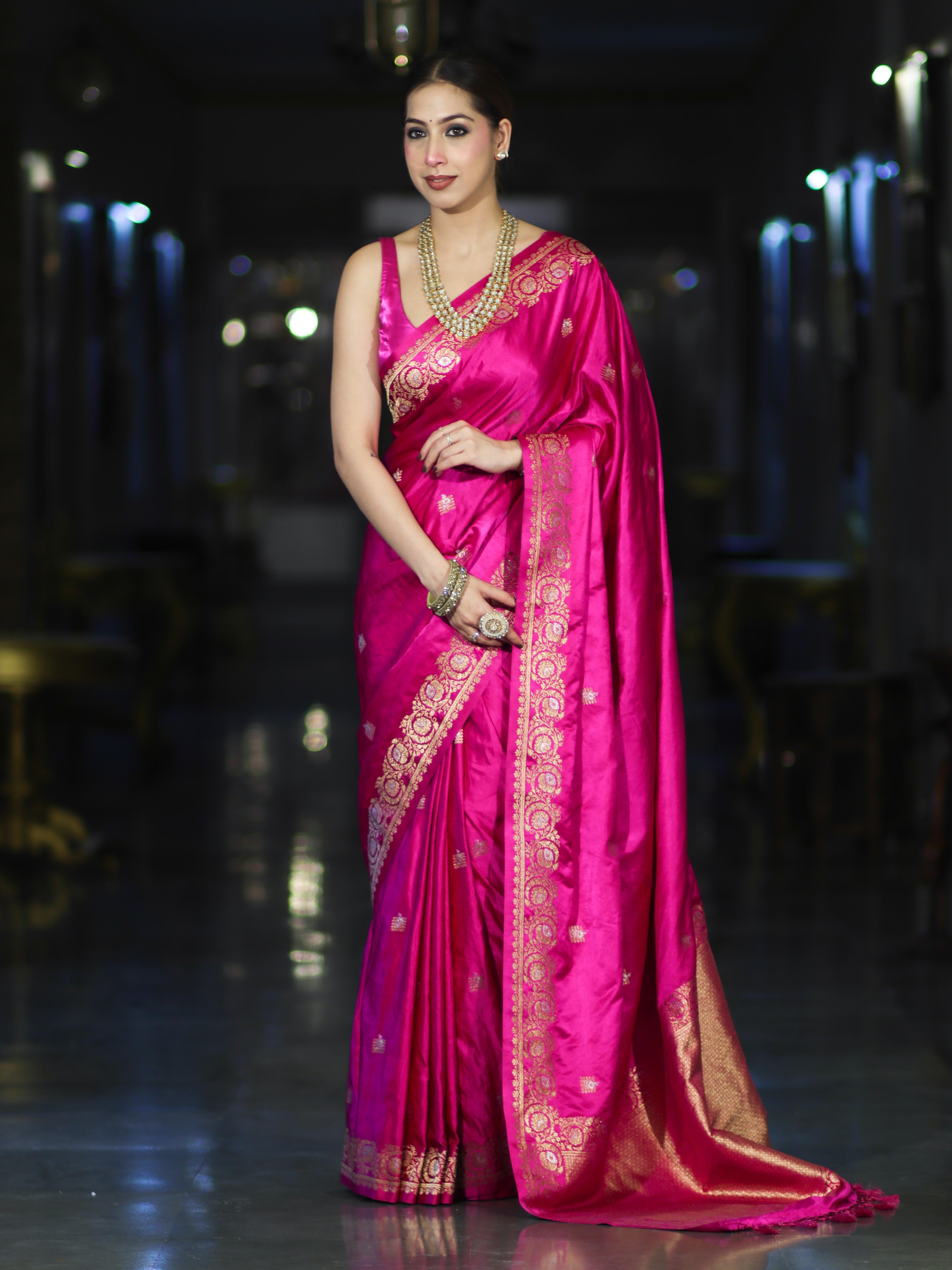 Banarasee Mashru Silk Saree With Zari Motifs & Floral Border-Fuchsia Pink