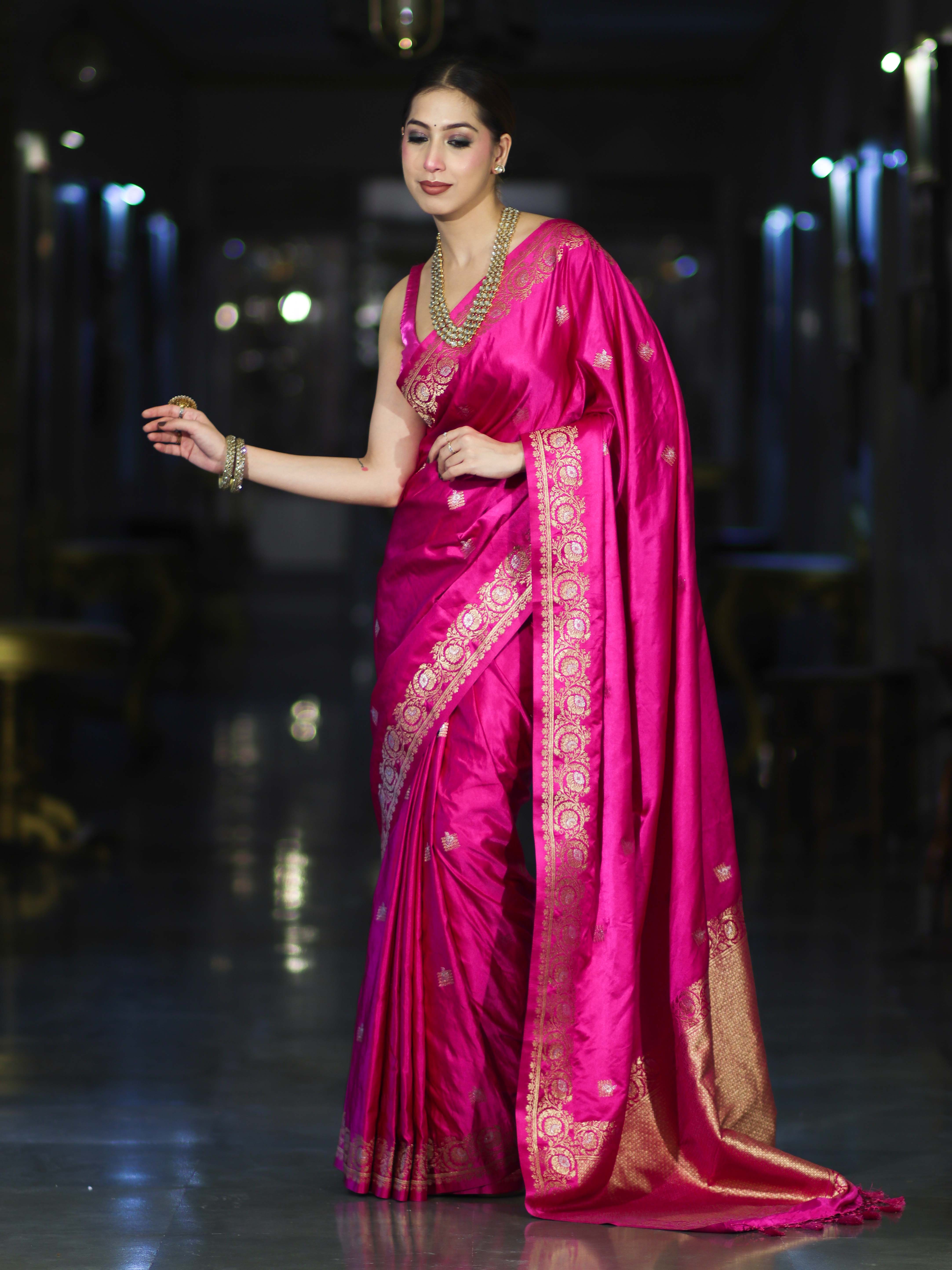 Banarasee Mashru Silk Saree With Zari Motifs & Floral Border-Fuchsia Pink