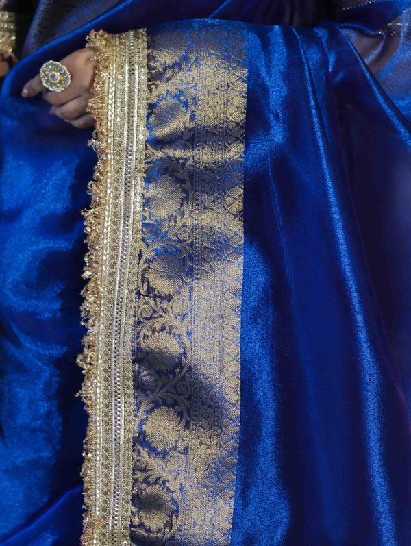 Banarasee Handloom Dual Shaded Plain Tissue Saree With Zari Border & Lace-Blue