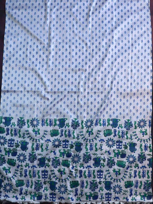 Handloom Printed Khadi Cotton Salwar Kameez Dupatta Set-White