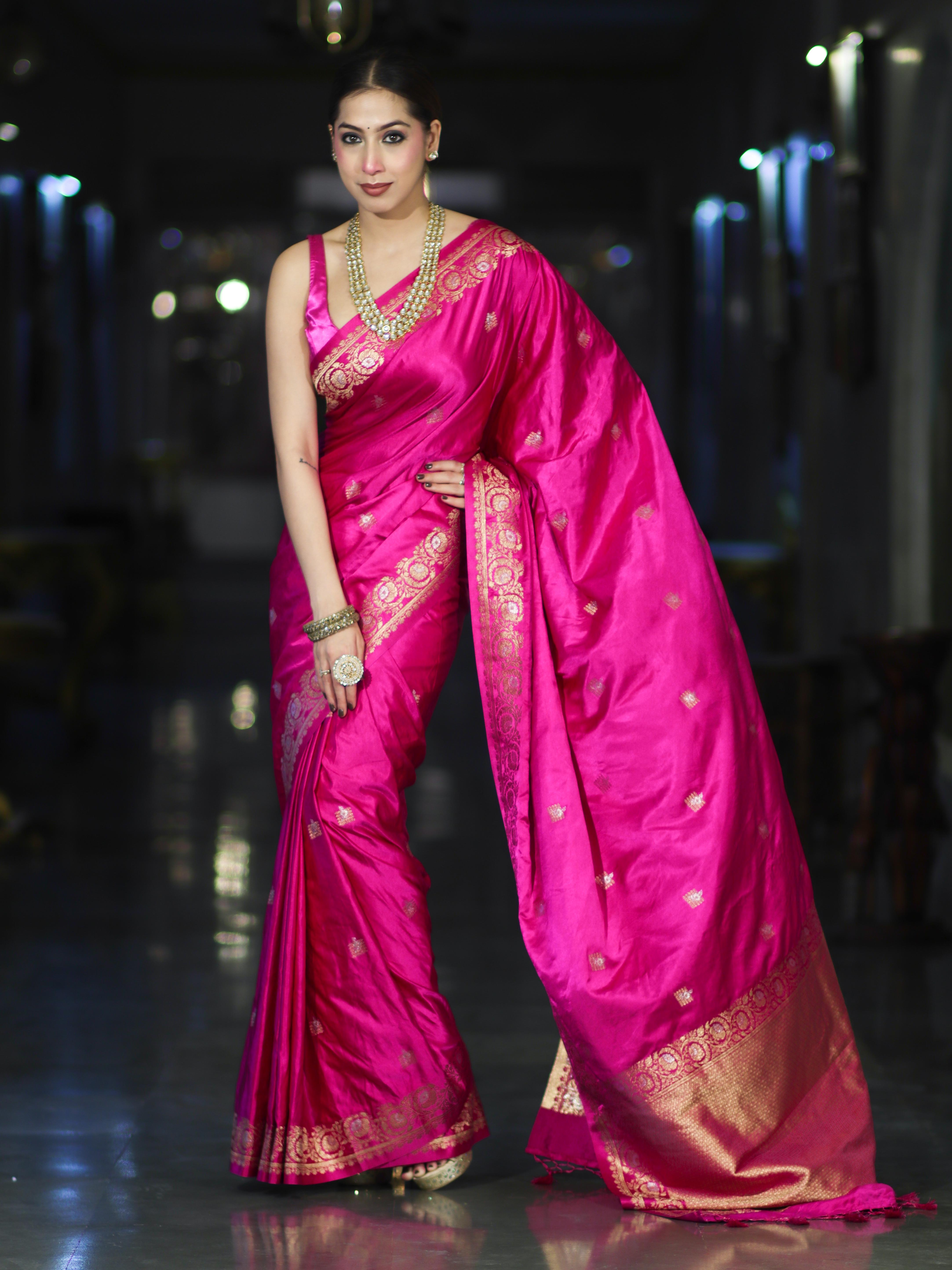 Banarasee Mashru Silk Saree With Zari Motifs & Floral Border-Fuchsia Pink