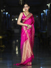 Banarasee Mashru Silk Saree With Zari Motifs & Floral Border-Fuchsia Pink