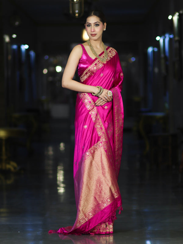 Banarasee Mashru Silk Saree With Zari Motifs & Floral Border-Fuchsia Pink