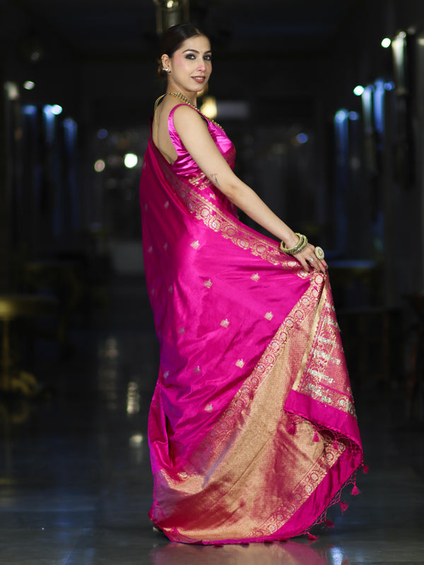 Banarasee Mashru Silk Saree With Zari Motifs & Floral Border-Fuchsia Pink