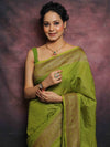 Banarasee Semi-Chiffon Antique Zari Saree-Henna Green