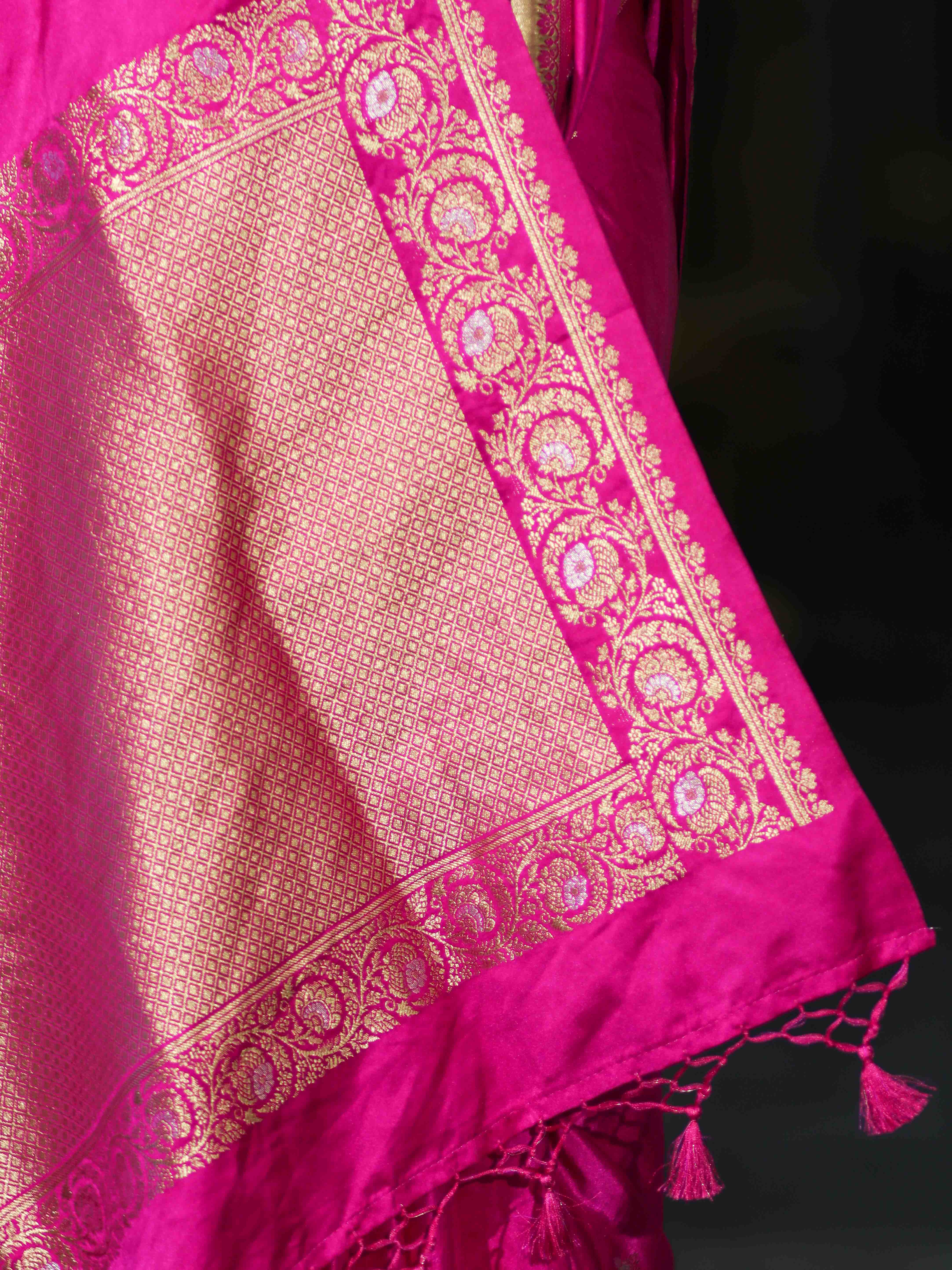 Banarasee Mashru Silk Saree With Zari Motifs & Floral Border-Fuchsia Pink