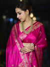 Banarasee Mashru Silk Saree With Zari Motifs & Floral Border-Fuchsia Pink