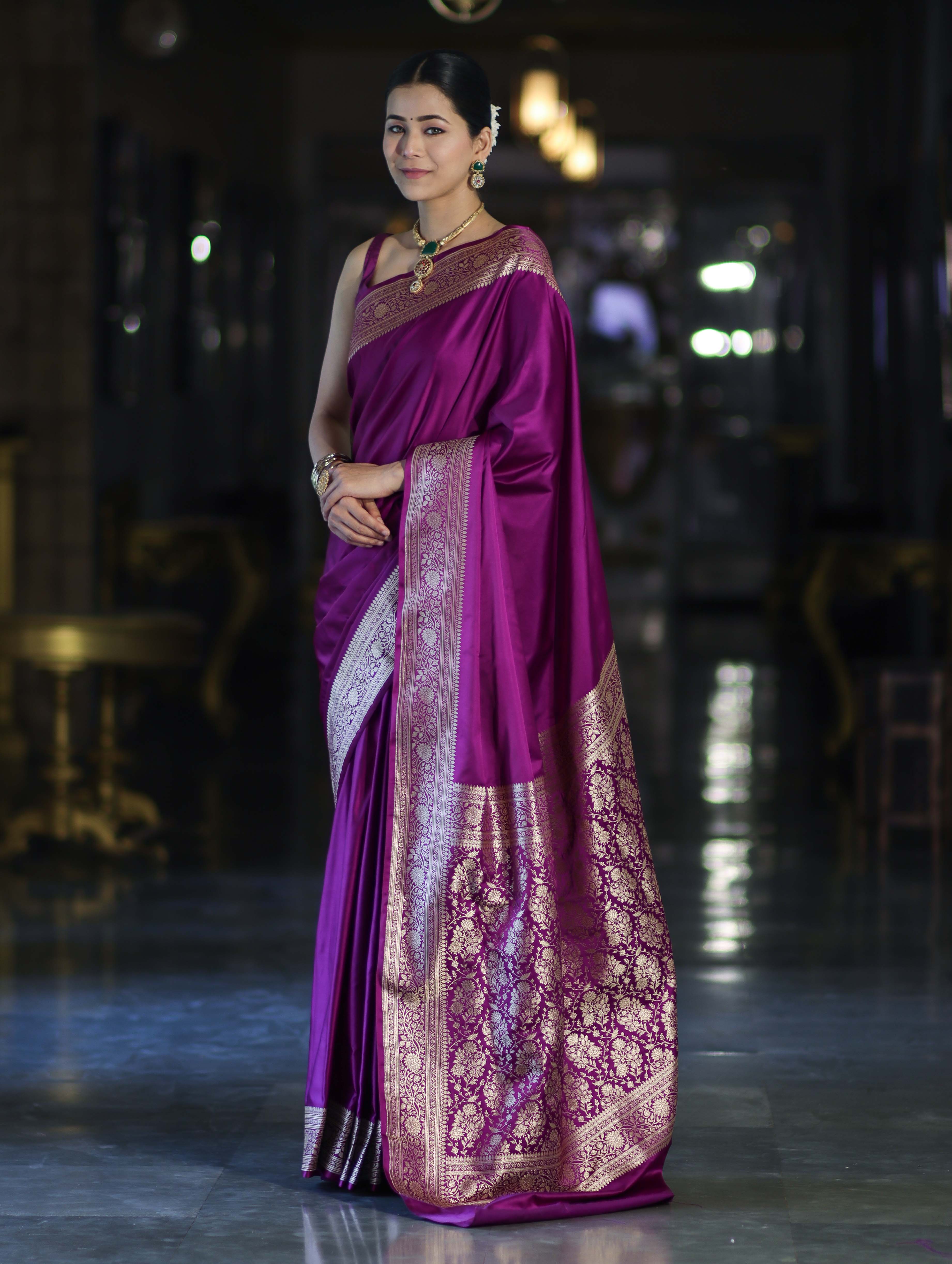 Banarasee Handwoven Plain Semi Katan Saree With Gold Zari Border-Violet
