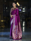 Banarasee Handwoven Plain Semi Katan Saree With Gold Zari Border-Violet