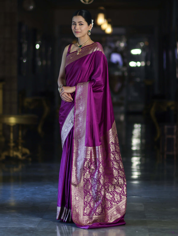 Banarasee Handwoven Plain Semi Katan Saree With Gold Zari Border-Violet