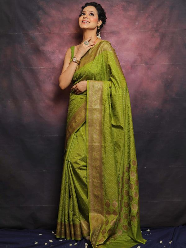 Banarasee Semi-Chiffon Antique Zari Saree-Henna Green