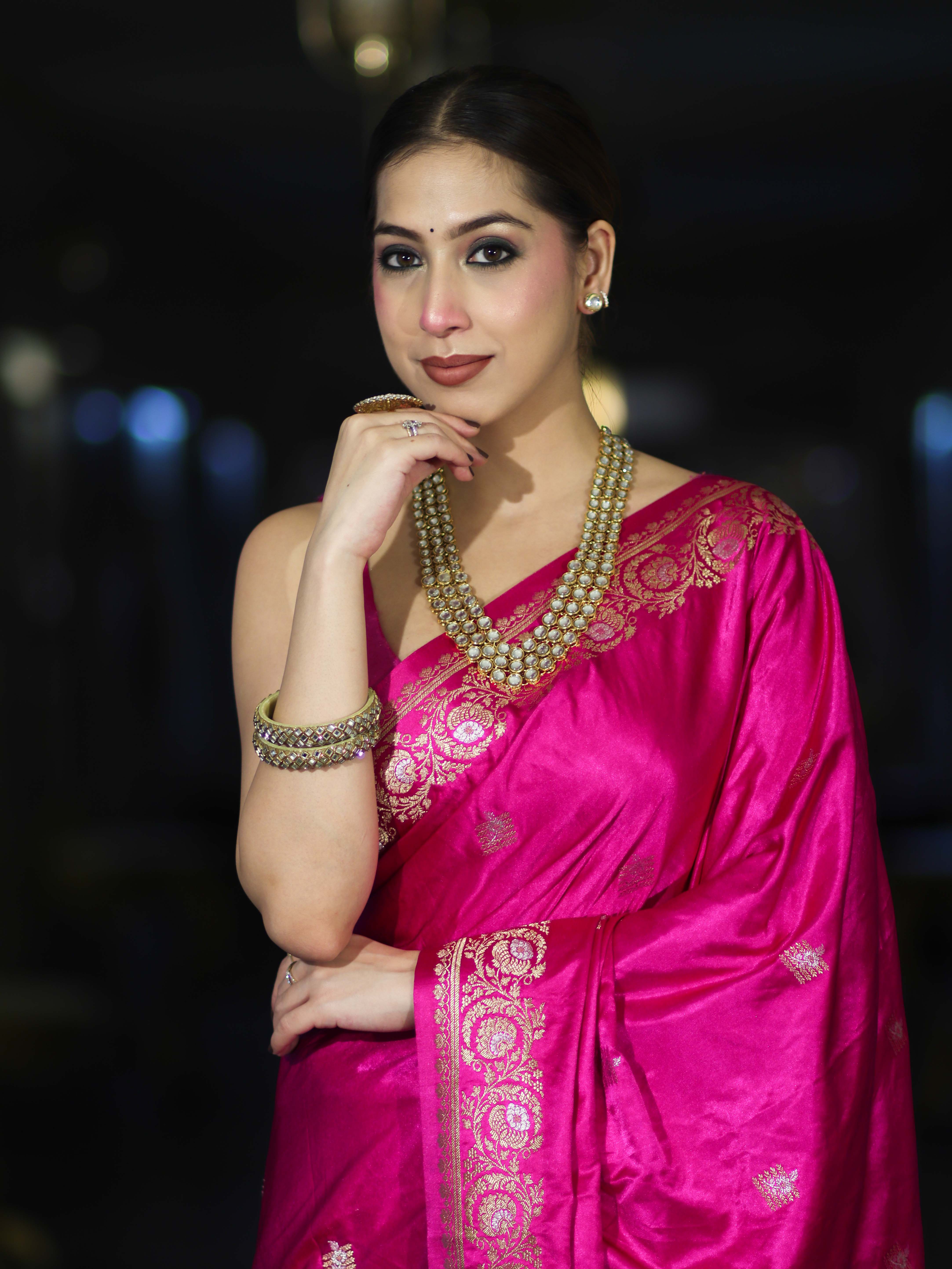 Banarasee Mashru Silk Saree With Zari Motifs & Floral Border-Fuchsia Pink