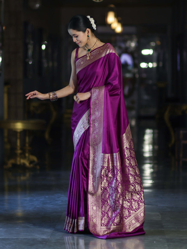 Banarasee Handwoven Plain Semi Katan Saree With Gold Zari Border-Violet