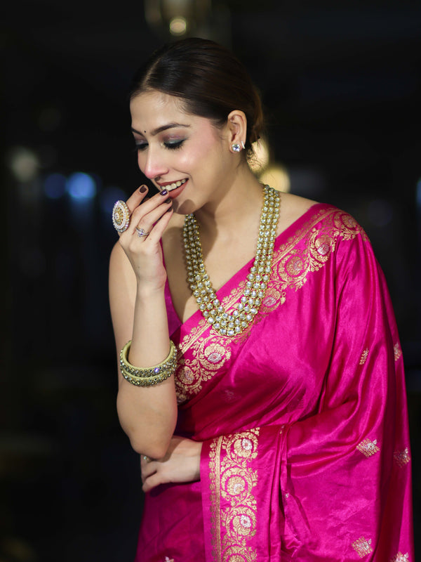 Banarasee Mashru Silk Saree With Zari Motifs & Floral Border-Fuchsia Pink