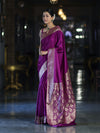 Banarasee Handwoven Plain Semi Katan Saree With Gold Zari Border-Violet