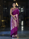 Banarasee Handwoven Plain Semi Katan Saree With Gold Zari Border-Violet