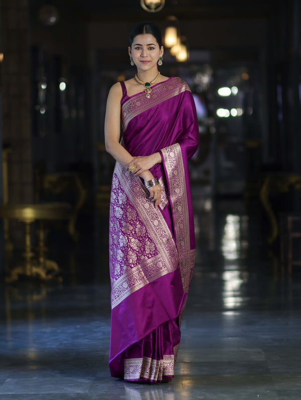 Banarasee Handwoven Plain Semi Katan Saree With Gold Zari Border-Violet