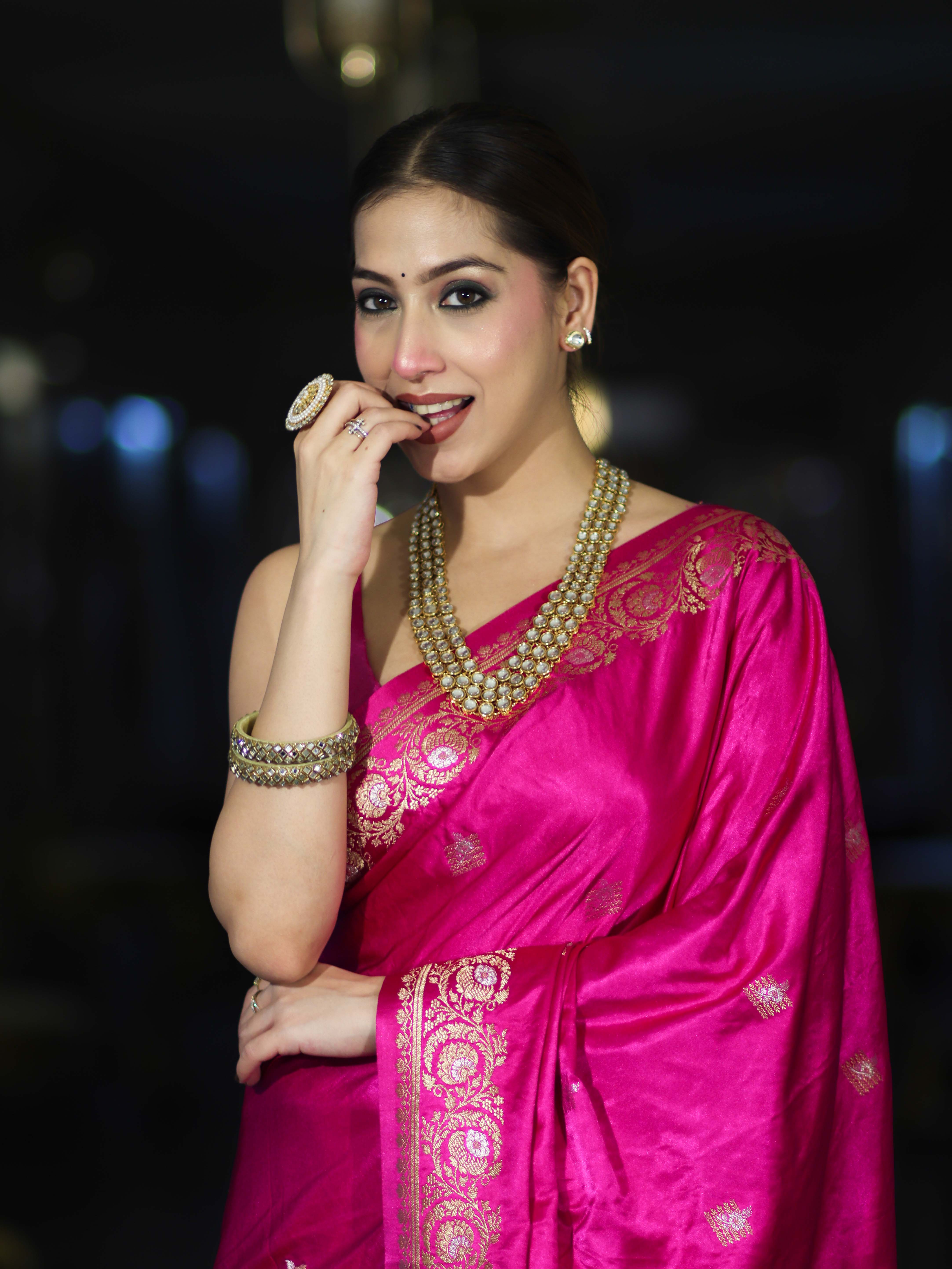 Banarasee Mashru Silk Saree With Zari Motifs & Floral Border-Fuchsia Pink