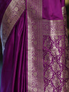 Banarasee Handwoven Plain Semi Katan Saree With Gold Zari Border-Violet