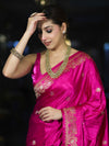 Banarasee Mashru Silk Saree With Zari Motifs & Floral Border-Fuchsia Pink