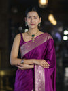 Banarasee Handwoven Plain Semi Katan Saree With Gold Zari Border-Violet