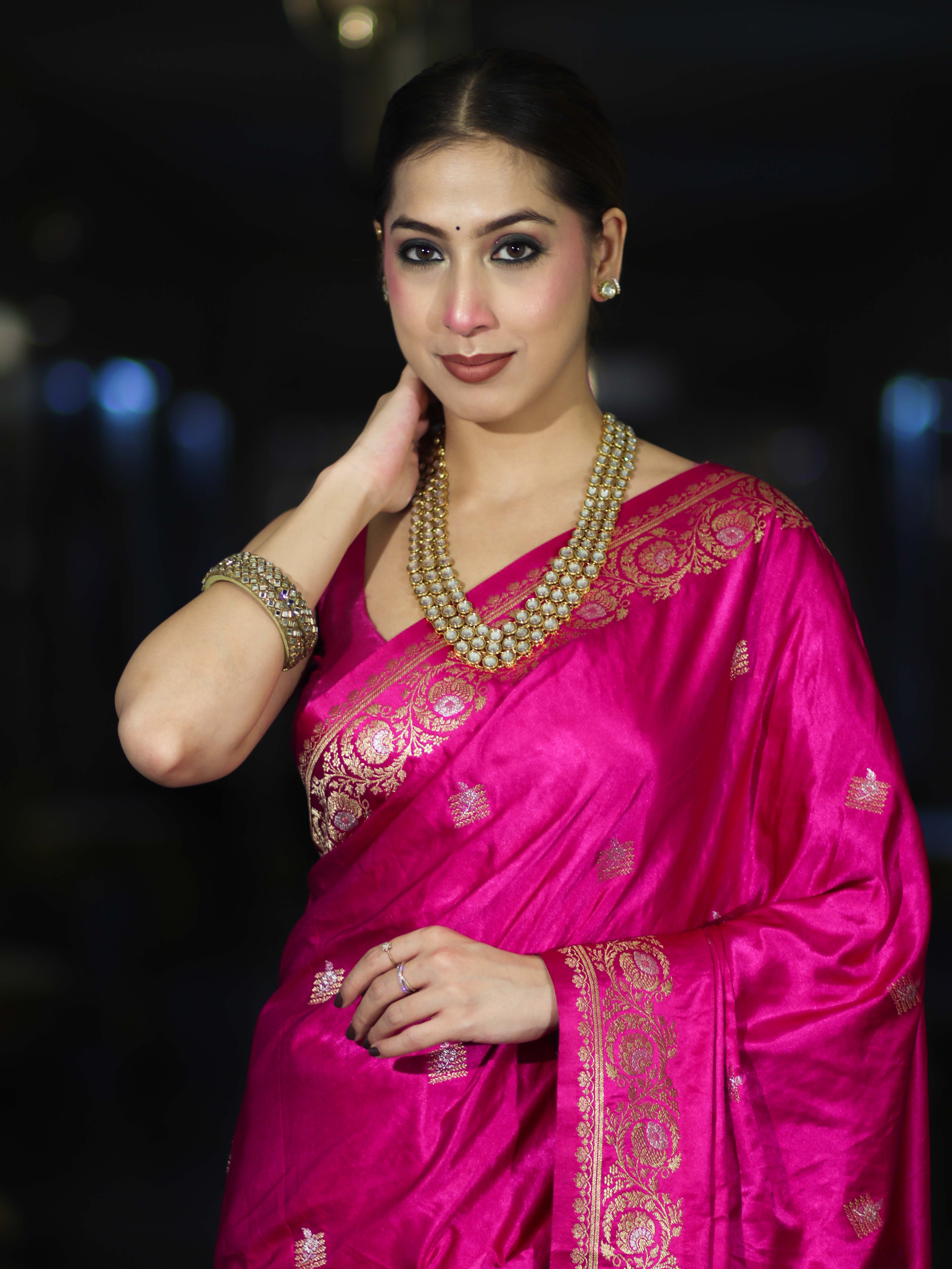 Banarasee Mashru Silk Saree With Zari Motifs & Floral Border-Fuchsia Pink