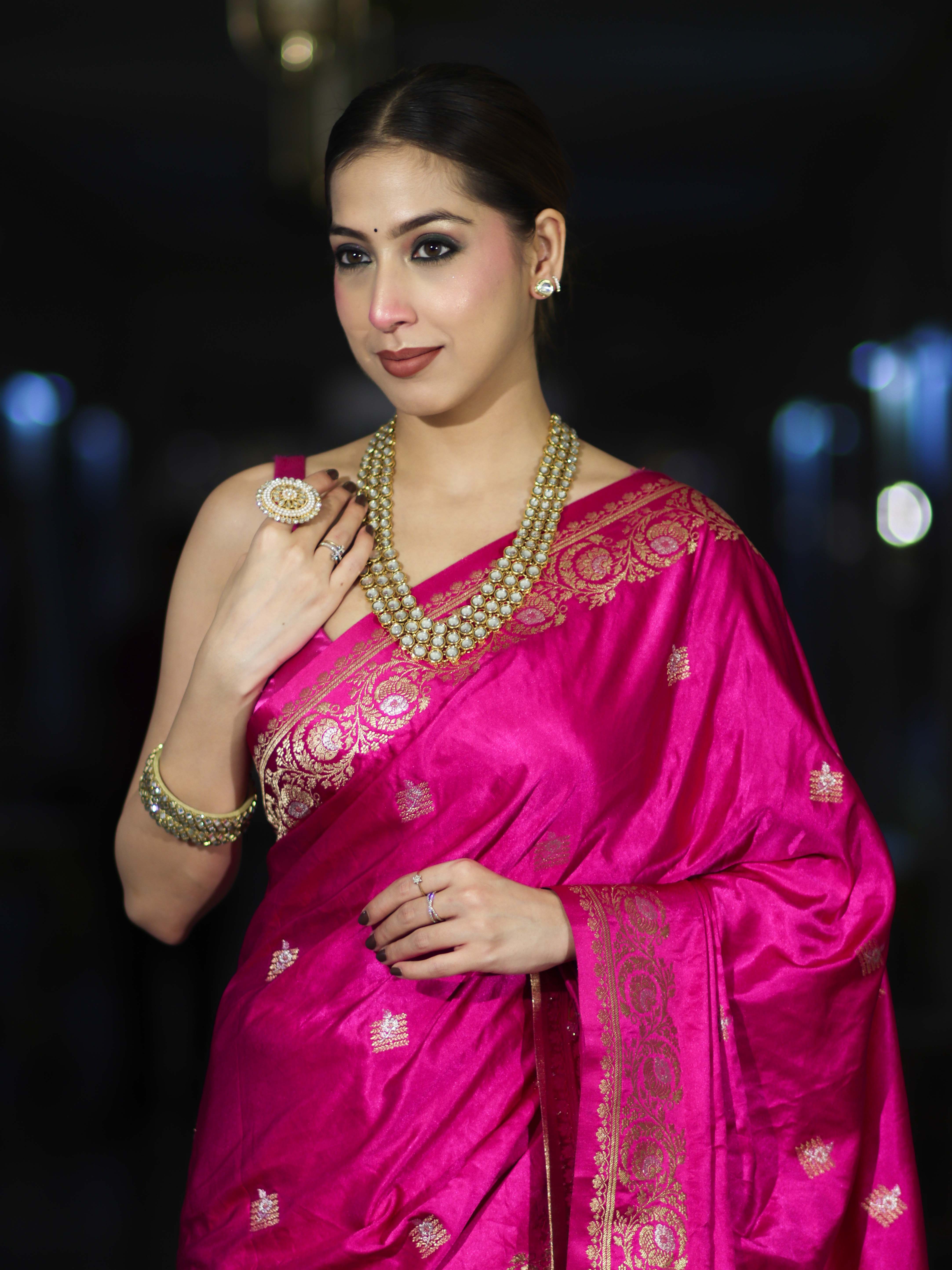 Banarasee Mashru Silk Saree With Zari Motifs & Floral Border-Fuchsia Pink