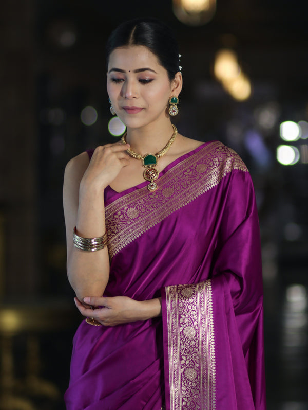Banarasee Handwoven Plain Semi Katan Saree With Gold Zari Border-Violet