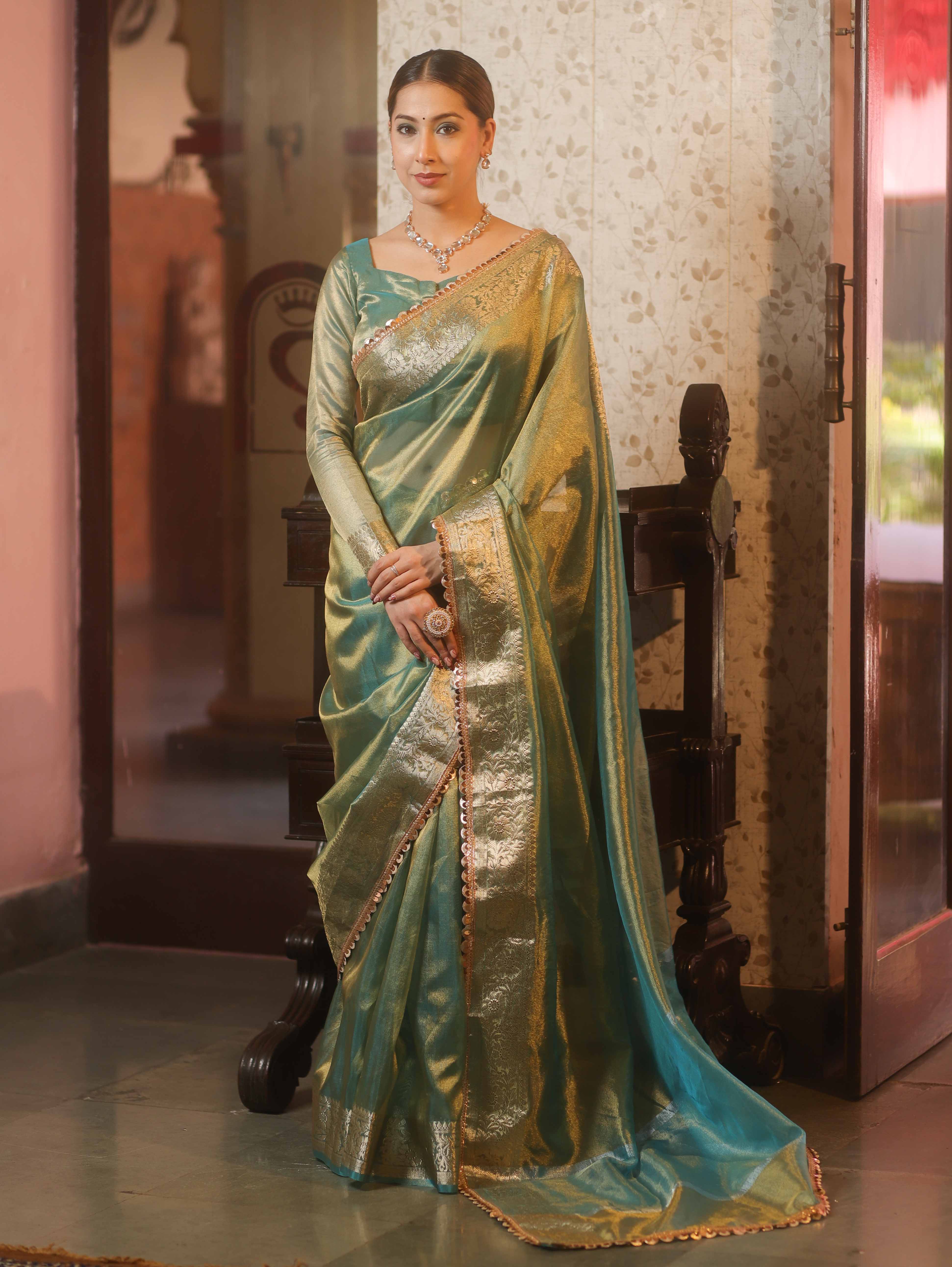 Banarasee Handwoven Plain Tissue Saree With Zari Border & Lace-Blue