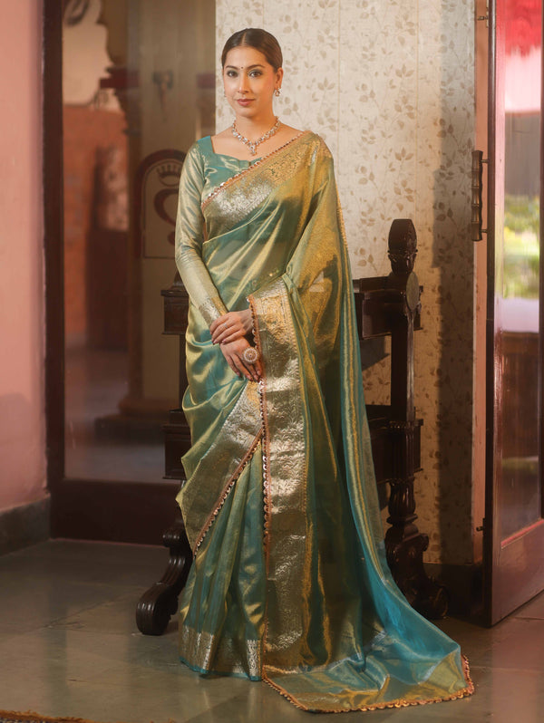 Banarasee Handwoven Plain Tissue Saree With Zari Border & Lace-Blue