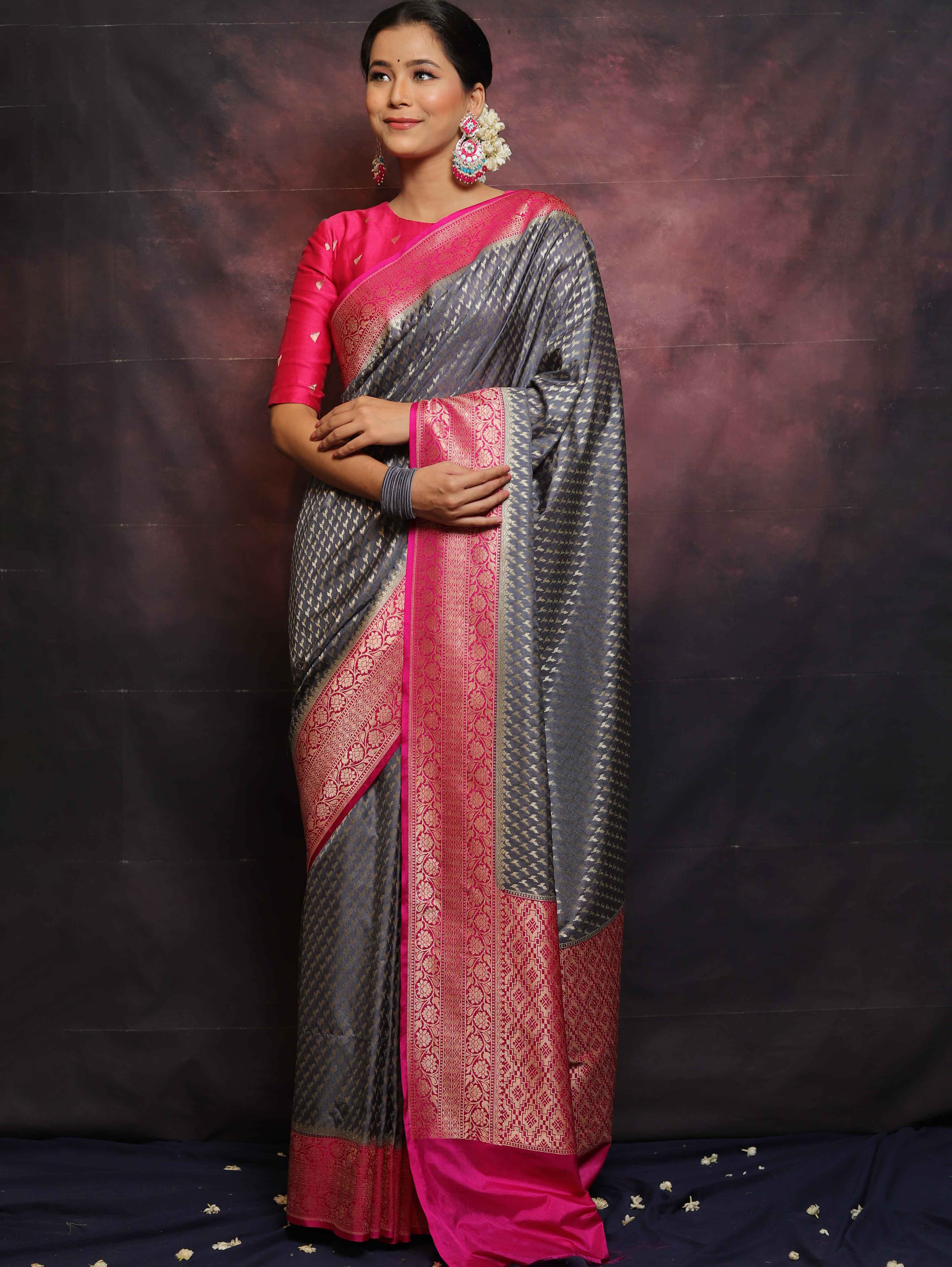 Banarasee Semi-Katan Zari Buta & Contrast Border Saree-Grey & Pink