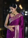 Banarasee Handwoven Plain Semi Katan Saree With Gold Zari Border-Violet