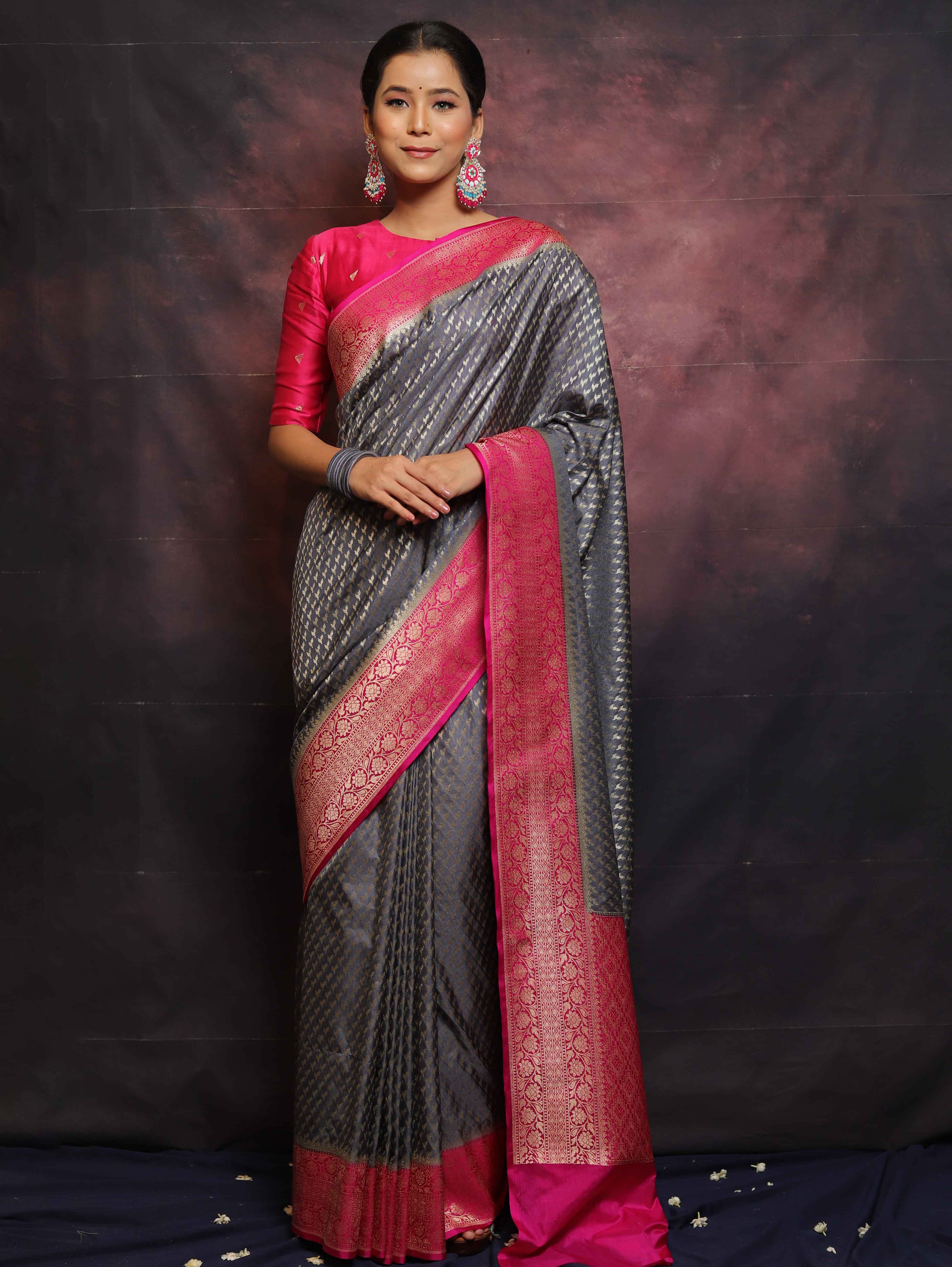 Banarasee Semi-Katan Zari Buta & Contrast Border Saree-Grey & Pink