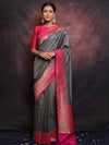 Banarasee Semi-Katan Zari Buta & Contrast Border Saree-Grey & Pink