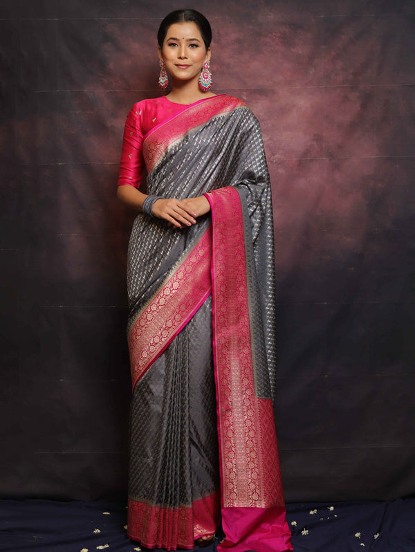 Banarasee Semi-Katan Zari Buta & Contrast Border Saree-Grey & Pink
