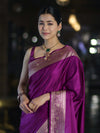 Banarasee Handwoven Plain Semi Katan Saree With Gold Zari Border-Violet