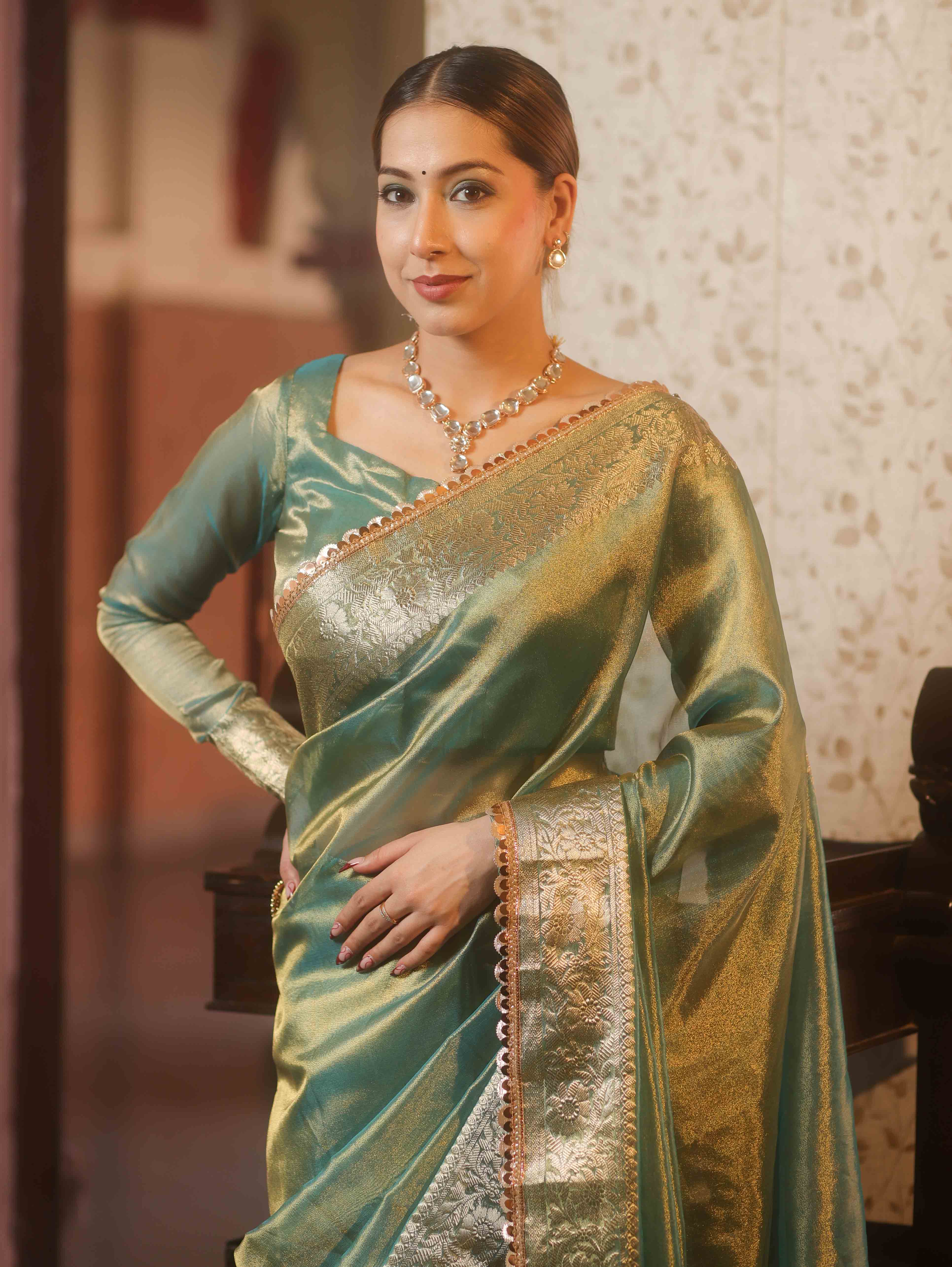 Banarasee Handwoven Plain Tissue Saree With Zari Border & Lace-Blue