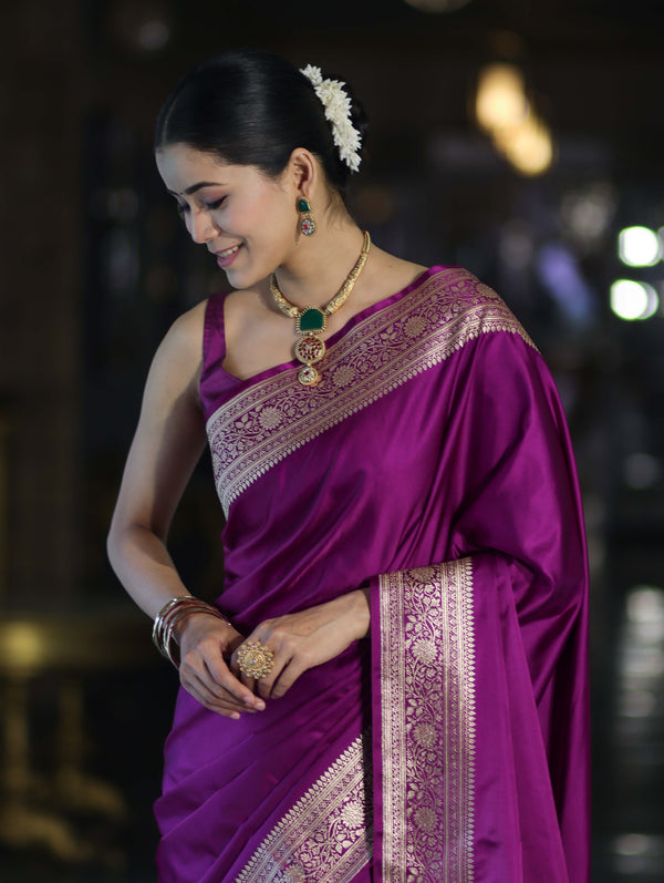 Banarasee Handwoven Plain Semi Katan Saree With Gold Zari Border-Violet
