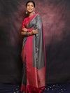 Banarasee Semi-Katan Zari Buta & Contrast Border Saree-Grey & Pink