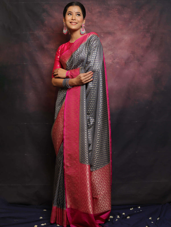 Banarasee Semi-Katan Zari Buta & Contrast Border Saree-Grey & Pink