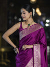 Banarasee Handwoven Plain Semi Katan Saree With Gold Zari Border-Violet