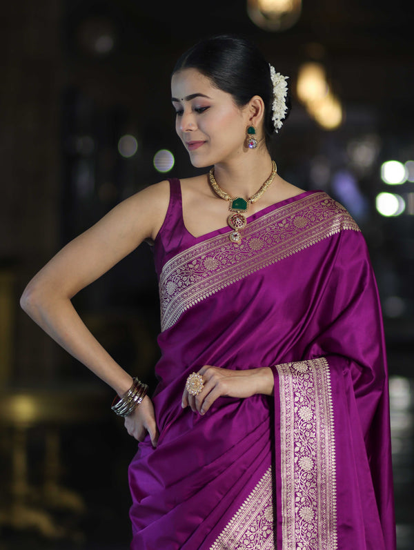 Banarasee Handwoven Plain Semi Katan Saree With Gold Zari Border-Violet