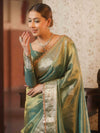 Banarasee Handwoven Plain Tissue Saree With Zari Border & Lace-Blue