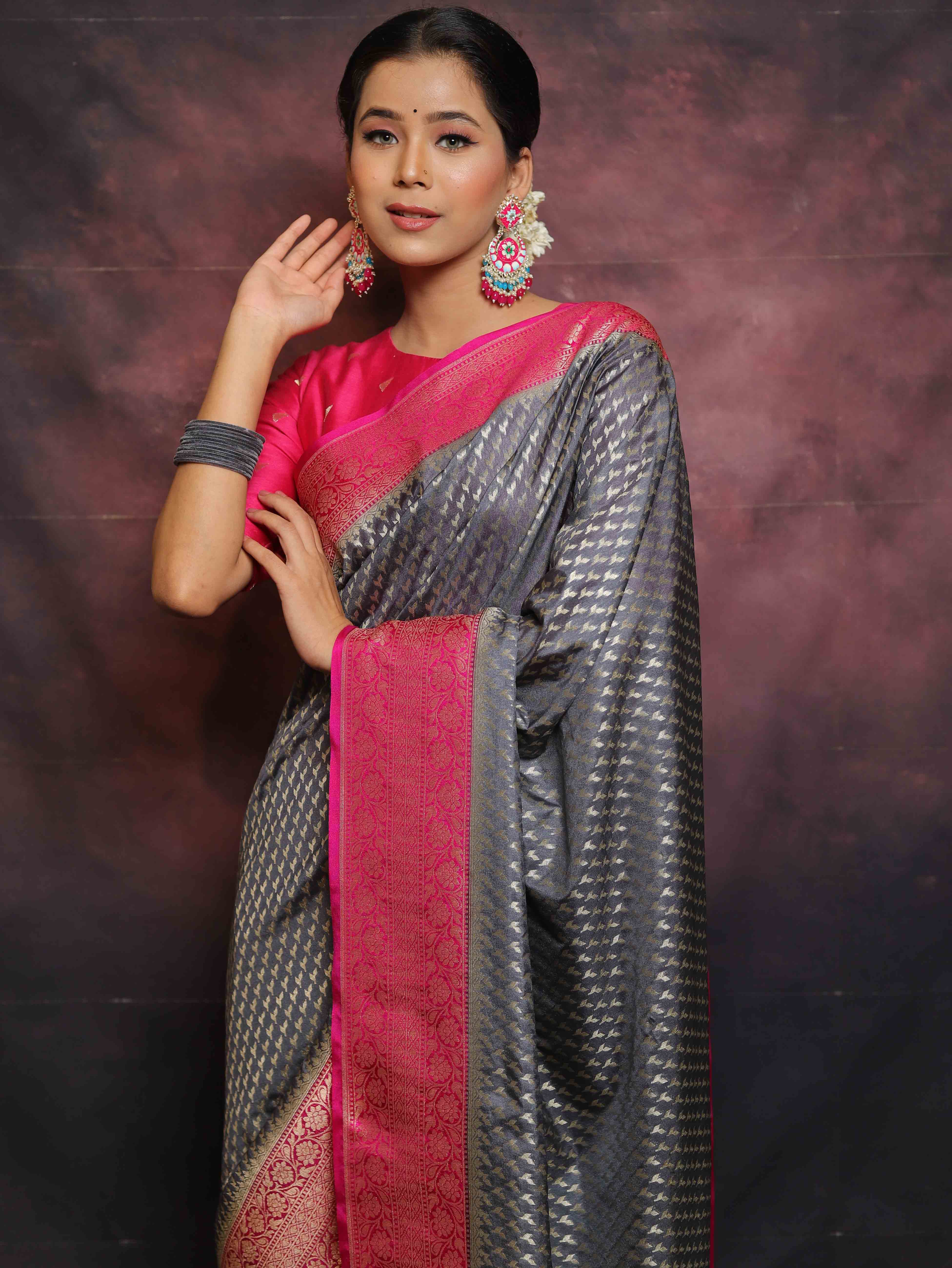 Banarasee Semi-Katan Zari Buta & Contrast Border Saree-Grey & Pink